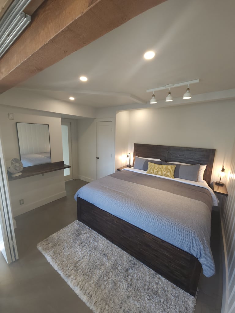 Modern bedroom with dark wood bed, gray bedding, white walls, recessed lighting, pendant lamps, vanity mirror, and area rug