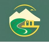Logo featuring a yellow circle with a mountain peak, winding road, and small cabin on a green background