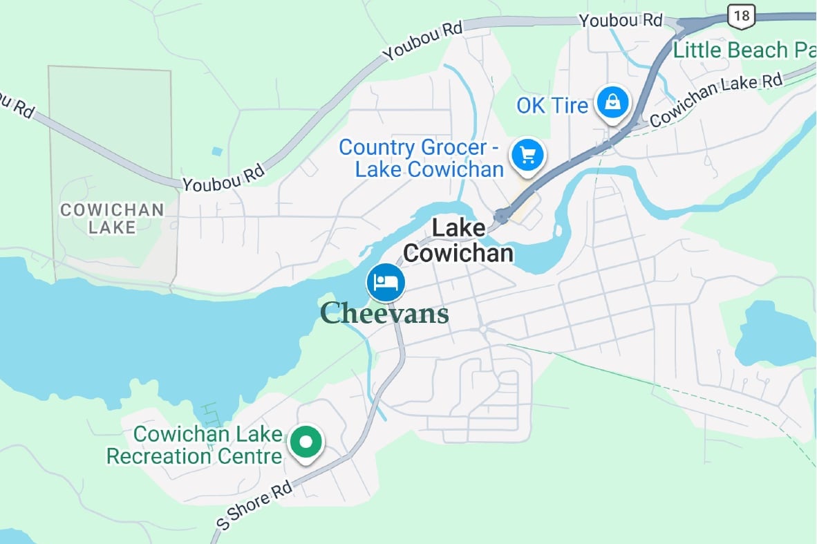 Map of Cowichan area showing Lake Cowichan, Cheevans, local businesses including OK Tire and Country Grocer, and Cowichan Lake Recreation Centre